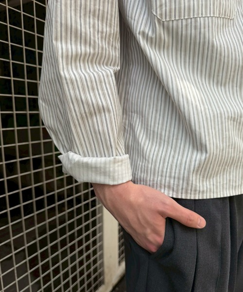 Chikashitsu +(チカシツプラス)の「【Chikashitsu +】cropped pocket stripe shirt / 【チカシツプラス】クロップドポケットストライプ長袖シャツ<着用動画あり>(シャツ/ブラウス・メンズ・ホワイト/スカイブルー・ONE SIZE)」の12枚目の写真