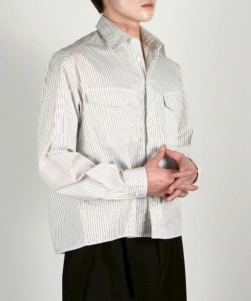 Chikashitsu +(チカシツプラス)の「【Chikashitsu +】cropped pocket stripe shirt / 【チカシツプラス】クロップドポケットストライプ長袖シャツ<着用動画あり>(シャツ/ブラウス・メンズ・ホワイト/スカイブルー・ONE SIZE)」の16枚目の写真