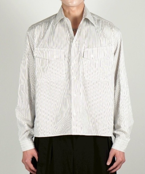 Chikashitsu +(チカシツプラス)の「【Chikashitsu +】cropped pocket stripe shirt / 【チカシツプラス】クロップドポケットストライプ長袖シャツ<着用動画あり>(シャツ/ブラウス・メンズ・ホワイト/スカイブルー・ONE SIZE)」の17枚目の写真