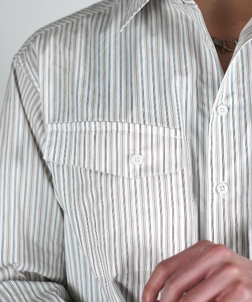 Chikashitsu +(チカシツプラス)の「【Chikashitsu +】cropped pocket stripe shirt / 【チカシツプラス】クロップドポケットストライプ長袖シャツ<着用動画あり>(シャツ/ブラウス・メンズ・ホワイト/スカイブルー・ONE SIZE)」の20枚目の写真