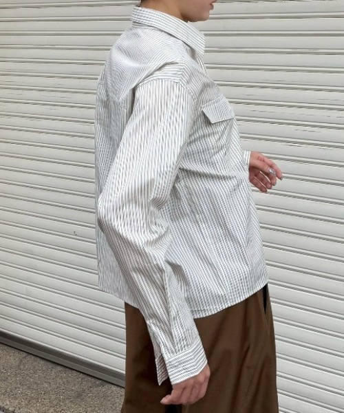 Chikashitsu +(チカシツプラス)の「【Chikashitsu +】cropped pocket stripe shirt / 【チカシツプラス】クロップドポケットストライプ長袖シャツ<着用動画あり>(シャツ/ブラウス・メンズ・ホワイト/スカイブルー・ONE SIZE)」の14枚目の写真