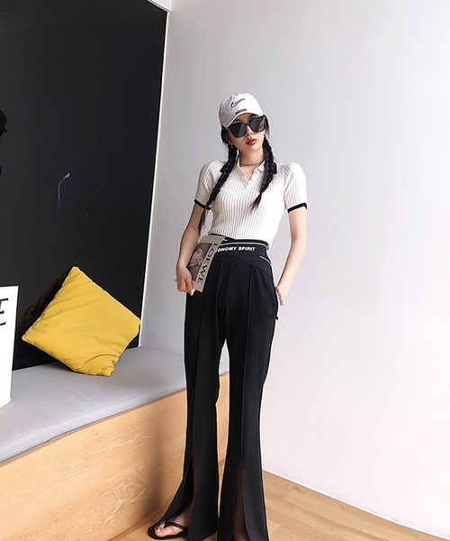 ADDITION STORE（アディションストア）の「＼衿と袖口の配色がアクセント／ クロップド サマーニット ポロ / チビポロ / asknn（ポロシャツ・レディース・ピンク/ホワイト/ブルー/ブラック・FREE）」の8枚目の写真