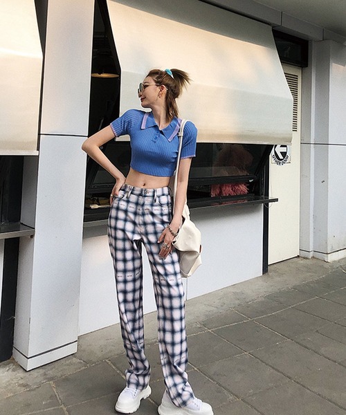 ADDITION STORE（アディションストア）の「＼衿と袖口の配色がアクセント／ クロップド サマーニット ポロ / チビポロ / asknn（ポロシャツ・レディース・ピンク/ホワイト/ブルー/ブラック・FREE）」の15枚目の写真