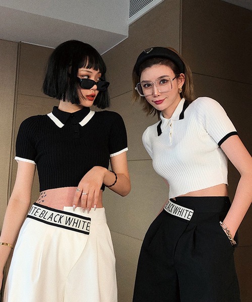 ADDITION STORE（アディションストア）の「＼衿と袖口の配色がアクセント／ クロップド サマーニット ポロ / チビポロ / asknn（ポロシャツ・レディース・ピンク/ホワイト/ブルー/ブラック・FREE）」の5枚目の写真