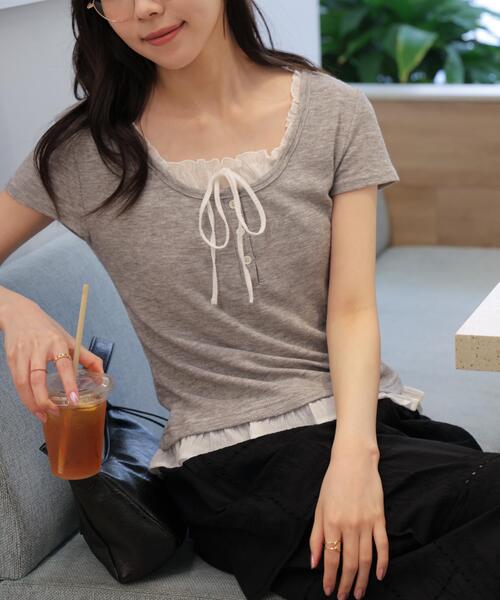 FREE'S MART（フリーズマート）の「◆フェイクレイヤードフリルリボンフレンチスリーブカットソー（Tシャツ/カットソー・レディース・グレー/ライトグリーン/ネイビー/ベージュ/ベージュ系その他・FREE）」の2枚目の写真