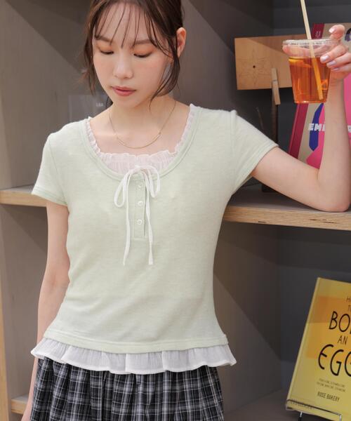 FREE'S MART（フリーズマート）の「◆フェイクレイヤードフリルリボンフレンチスリーブカットソー（Tシャツ/カットソー・レディース・グレー/ライトグリーン/ネイビー/ベージュ/ベージュ系その他・FREE）」の4枚目の写真
