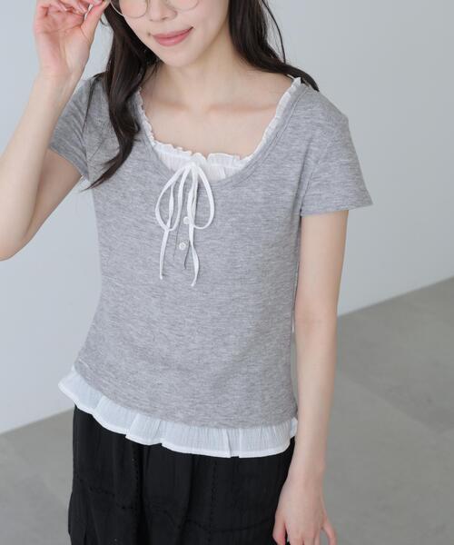 FREE'S MART（フリーズマート）の「◆フェイクレイヤードフリルリボンフレンチスリーブカットソー（Tシャツ/カットソー・レディース・グレー/ライトグリーン/ネイビー/ベージュ/ベージュ系その他・FREE）」の6枚目の写真