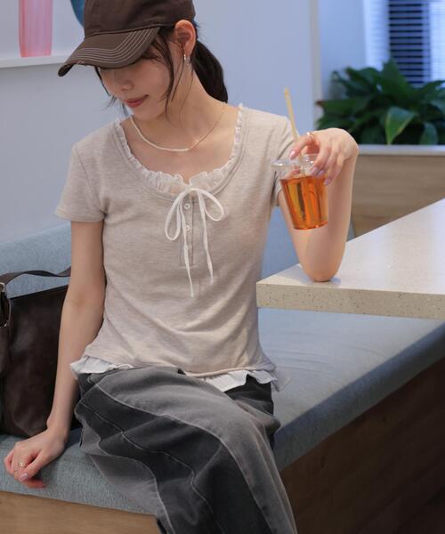 FREE'S MART（フリーズマート）の「◆フェイクレイヤードフリルリボンフレンチスリーブカットソー（Tシャツ/カットソー・レディース・グレー/ライトグリーン/ネイビー/ベージュ/ベージュ系その他・FREE）」の17枚目の写真