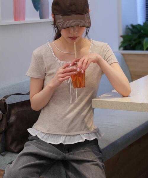 FREE'S MART（フリーズマート）の「◆フェイクレイヤードフリルリボンフレンチスリーブカットソー（Tシャツ/カットソー・レディース・グレー/ライトグリーン/ネイビー/ベージュ/ベージュ系その他・FREE）」の18枚目の写真