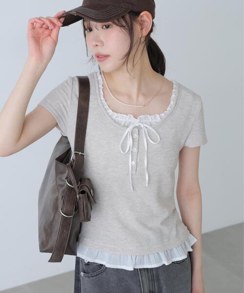 FREE'S MART（フリーズマート）の「◆フェイクレイヤードフリルリボンフレンチスリーブカットソー（Tシャツ/カットソー・レディース・グレー/ライトグリーン/ネイビー/ベージュ/ベージュ系その他・FREE）」の19枚目の写真