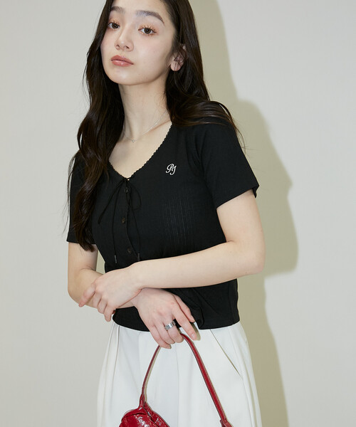 PEACH JOHN(ピーチジョン)の「PEACH JOHN × PUBLUX/ピーチ・ジョン 針抜きリボン ディテール Vネック トップス 限定展開(Tシャツ/カットソー・レディース・グレー/ネイビー/ブラック・フリ-)」の17枚目の写真
