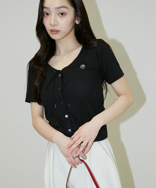 PEACH JOHN(ピーチジョン)の「PEACH JOHN × PUBLUX/ピーチ・ジョン 針抜きリボン ディテール Vネック トップス 限定展開(Tシャツ/カットソー・レディース・グレー/ネイビー/ブラック・フリ-)」の12枚目の写真