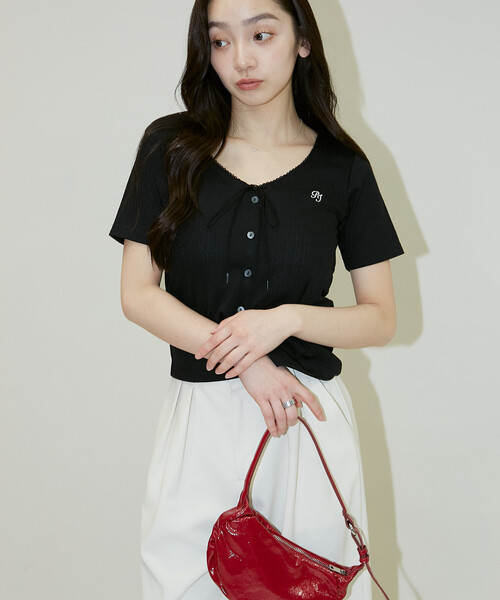 PEACH JOHN(ピーチジョン)の「PEACH JOHN × PUBLUX/ピーチ・ジョン 針抜きリボン ディテール Vネック トップス 限定展開(Tシャツ/カットソー・レディース・グレー/ネイビー/ブラック・フリ-)」の11枚目の写真