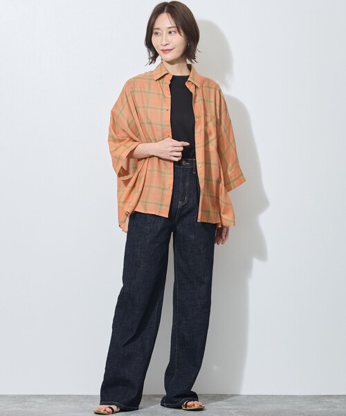 WALDO(ウォルド)の「7分袖オンブレーチェックビッグシャツ(シャツ/ブラウス・レディース・オフホワイト/オレンジ/ブラック・FREE)」の4枚目の写真