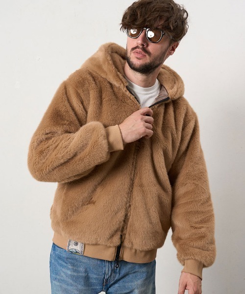 STUD MUFFIN(スタッドマフィン)の「mpa4121- エコファー ドリップピースロゴビックプリントビックジップオーバーシルエットパーカー(624-09220)(パーカー・メンズ・ブラック/ベージュ・4/3/2)」の11枚目の写真