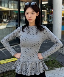 ドットチュニックトップス / フリルヘムロンT