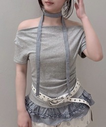 【nmtc+】Check Frill Layered Tee Scarf Set (2color) / 【エヌエムティーシープラス】チェックフリルレイヤードタイスカーフセット半袖Tシャツ