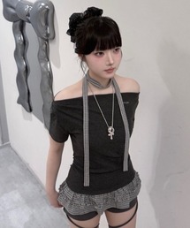 【nmtc+】Check Frill Layered Tee Scarf Set (2color) / 【エヌエムティーシープラス】チェックフリルレイヤードタイスカーフセット半袖Tシャツ
