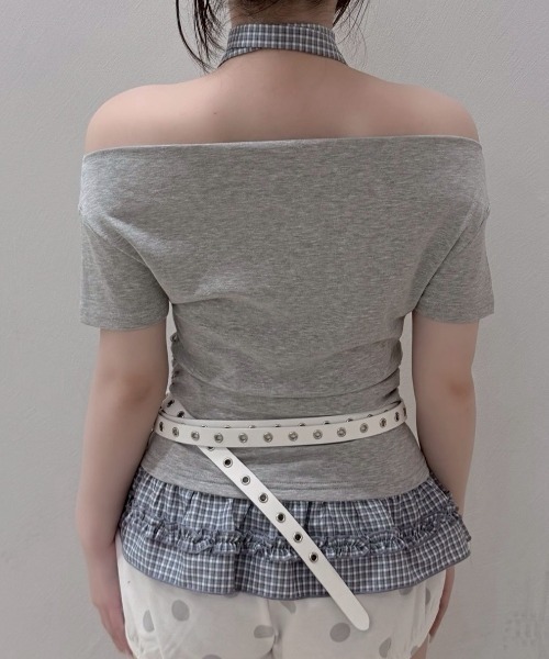 Never mind the XU / Chikashitsu+(ネバーマインド ザ エックスユー / チカシツプラス)の「【nmtc+】Check Frill Layered Tee Scarf Set (2color) / 【エヌエムティーシープラス】チェックフリルレイヤードタイスカーフセット半袖Tシャツ(Tシャツ/カットソー・レディース・グレー/チャコール・ONE SIZE)」の12枚目の写真