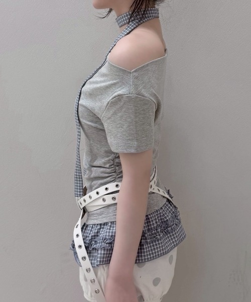 Never mind the XU / Chikashitsu+(ネバーマインド ザ エックスユー / チカシツプラス)の「【nmtc+】Check Frill Layered Tee Scarf Set (2color) / 【エヌエムティーシープラス】チェックフリルレイヤードタイスカーフセット半袖Tシャツ(Tシャツ/カットソー・レディース・グレー/チャコール・ONE SIZE)」の10枚目の写真