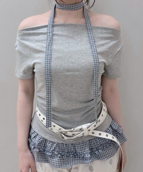 Never mind the XU / Chikashitsu+(ネバーマインド ザ エックスユー / チカシツプラス)の「【nmtc+】Check Frill Layered Tee Scarf Set (2color) / 【エヌエムティーシープラス】チェックフリルレイヤードタイスカーフセット半袖Tシャツ(Tシャツ/カットソー・レディース・グレー/チャコール・ONE SIZE)」の9枚目の写真