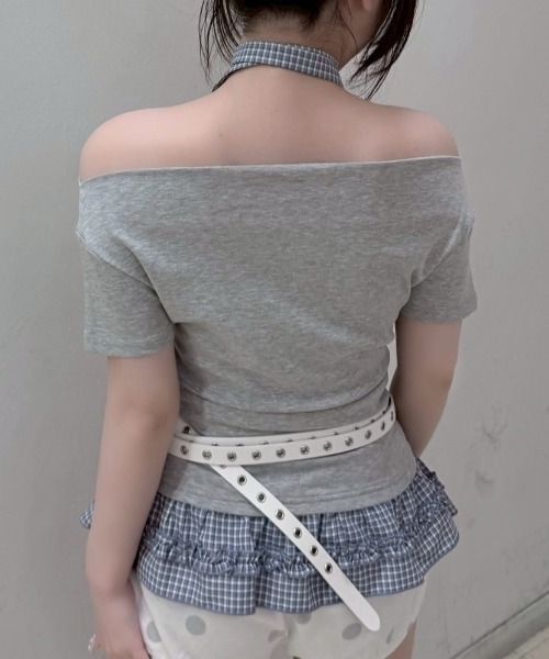 Never mind the XU / Chikashitsu+(ネバーマインド ザ エックスユー / チカシツプラス)の「【nmtc+】Check Frill Layered Tee Scarf Set (2color) / 【エヌエムティーシープラス】チェックフリルレイヤードタイスカーフセット半袖Tシャツ(Tシャツ/カットソー・レディース・グレー/チャコール・ONE SIZE)」の11枚目の写真
