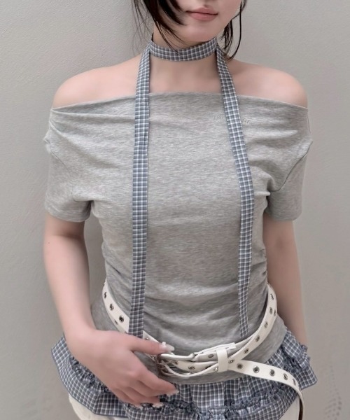 Never mind the XU / Chikashitsu+(ネバーマインド ザ エックスユー / チカシツプラス)の「【nmtc+】Check Frill Layered Tee Scarf Set (2color) / 【エヌエムティーシープラス】チェックフリルレイヤードタイスカーフセット半袖Tシャツ(Tシャツ/カットソー・レディース・グレー/チャコール・ONE SIZE)」の3枚目の写真