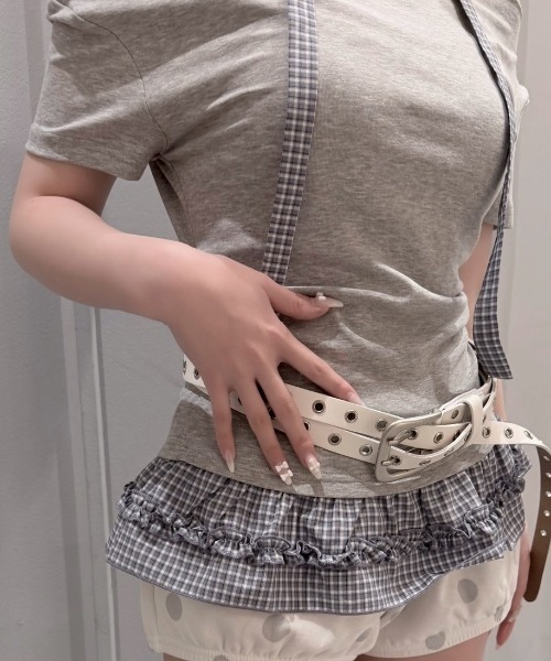Never mind the XU / Chikashitsu+(ネバーマインド ザ エックスユー / チカシツプラス)の「【nmtc+】Check Frill Layered Tee Scarf Set (2color) / 【エヌエムティーシープラス】チェックフリルレイヤードタイスカーフセット半袖Tシャツ(Tシャツ/カットソー・レディース・グレー/チャコール・ONE SIZE)」の13枚目の写真