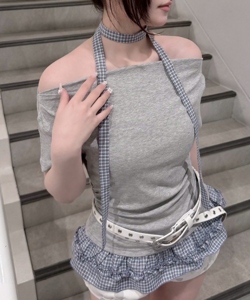 Never mind the XU / Chikashitsu+(ネバーマインド ザ エックスユー / チカシツプラス)の「【nmtc+】Check Frill Layered Tee Scarf Set (2color) / 【エヌエムティーシープラス】チェックフリルレイヤードタイスカーフセット半袖Tシャツ(Tシャツ/カットソー・レディース・グレー/チャコール・ONE SIZE)」の8枚目の写真