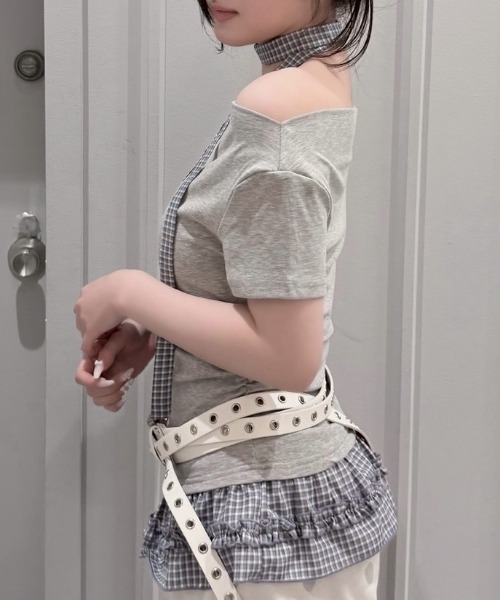 Never mind the XU / Chikashitsu+(ネバーマインド ザ エックスユー / チカシツプラス)の「【nmtc+】Check Frill Layered Tee Scarf Set (2color) / 【エヌエムティーシープラス】チェックフリルレイヤードタイスカーフセット半袖Tシャツ(Tシャツ/カットソー・レディース・グレー/チャコール・ONE SIZE)」の6枚目の写真