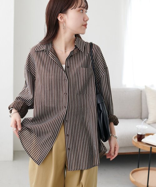 DISCOAT(ディスコート)の「刺繍入りシアーストライプシャツ(シャツ/ブラウス・レディース・ブラウン/オフホワイト/サックスブルー/ピンク・FREE)」の11枚目の写真