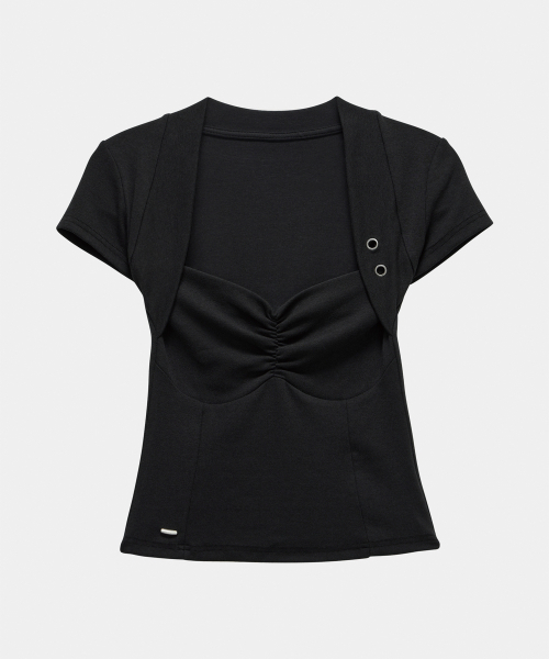 ETRE AU SOMMET（エトレオソメ）の「Shirring Eyelet Bolero Top (Black)（Tシャツ/カットソー・レディース・ブラック・FREE）」の4枚目の写真