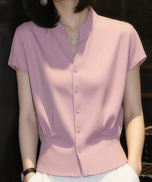 AMAJI(アマジ)の「フロントボタン 半袖シャツ(シャツ/ブラウス・レディース・ライトピンク・SMALL/MEDIUM/LARGE/X-LARGE)」の2枚目の写真