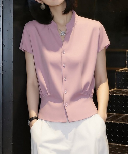 AMAJI(アマジ)の「フロントボタン 半袖シャツ(シャツ/ブラウス・レディース・ライトピンク・SMALL/MEDIUM/LARGE/X-LARGE)」の3枚目の写真