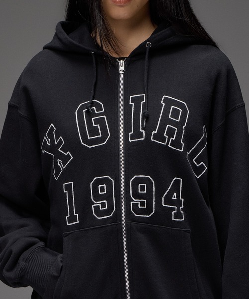 X-girl(エックスガール)の「LOGO PATCH AND STITCH ZIP UP SWEAT HOODIE(パーカー・レディース・アッシュ/ブラック・M/S)」の6枚目の写真