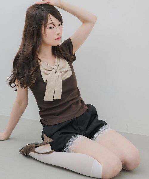 ems excite(エムズエキサイト)の「BIGリボン切替Tシャツ(Tシャツ/カットソー・レディース・ブラック/ピンク/ブラウン・FREE)」の7枚目の写真