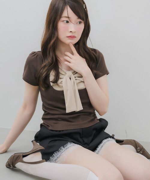ems excite(エムズエキサイト)の「BIGリボン切替Tシャツ(Tシャツ/カットソー・レディース・ブラック/ピンク/ブラウン・FREE)」の8枚目の写真