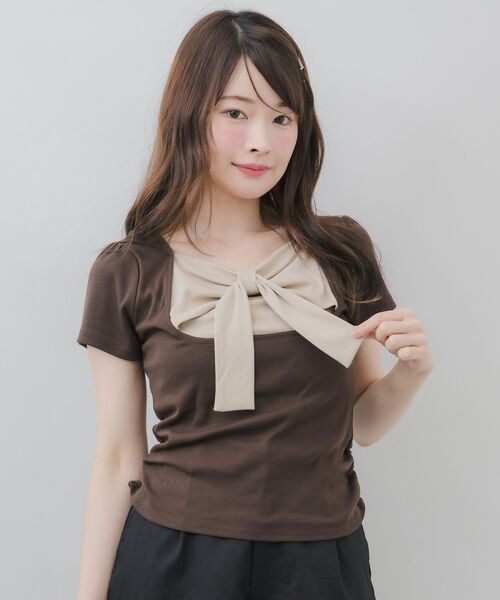 ems excite(エムズエキサイト)の「BIGリボン切替Tシャツ(Tシャツ/カットソー・レディース・ブラック/ピンク/ブラウン・FREE)」の12枚目の写真