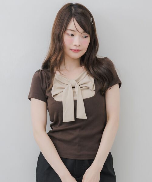 ems excite(エムズエキサイト)の「BIGリボン切替Tシャツ(Tシャツ/カットソー・レディース・ブラック/ピンク/ブラウン・FREE)」の13枚目の写真