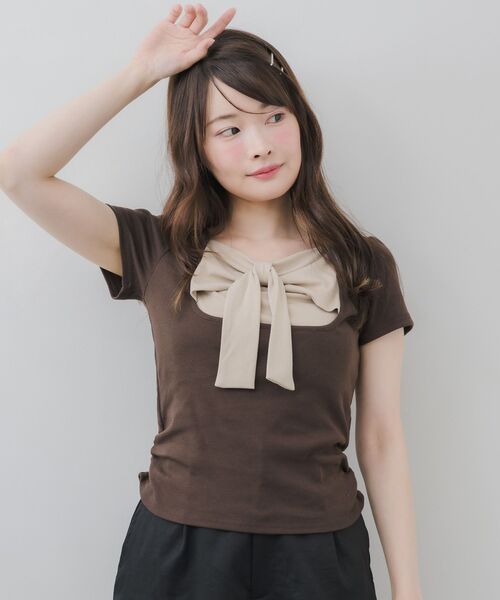 ems excite(エムズエキサイト)の「BIGリボン切替Tシャツ(Tシャツ/カットソー・レディース・ブラック/ピンク/ブラウン・FREE)」の14枚目の写真