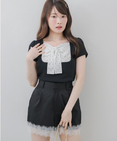 ems excite(エムズエキサイト)の「BIGリボン切替Tシャツ(Tシャツ/カットソー・レディース・ブラック/ピンク/ブラウン・FREE)」の1枚目の写真