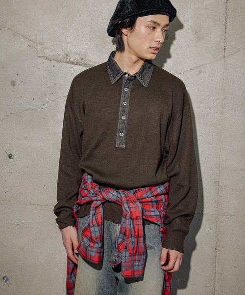 niko and...（ニコアンド）の「デニム襟ニットポロシャツ（ポロシャツ・メンズ・ネイビー/ライトグレー/ダークブラウン・LARGE/MEDIUM）」の2枚目の写真