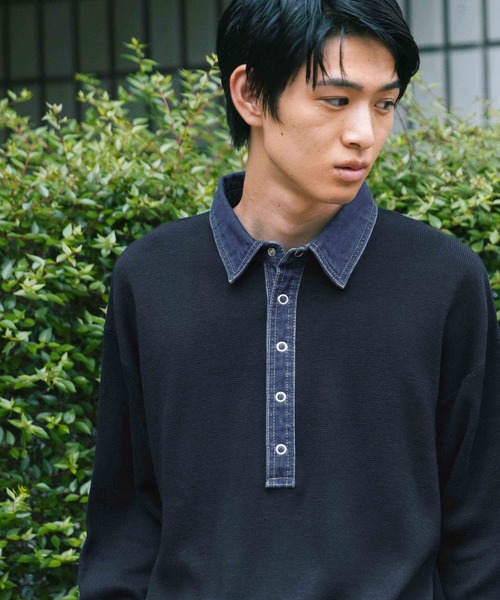 niko and...（ニコアンド）の「デニム襟ニットポロシャツ（ポロシャツ・メンズ・ネイビー/ライトグレー/ダークブラウン・LARGE/MEDIUM）」の3枚目の写真