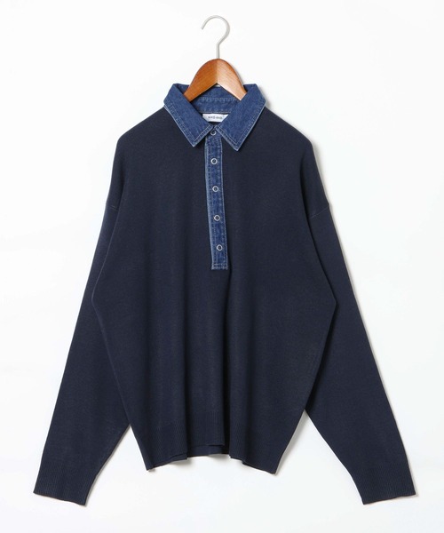 niko and...（ニコアンド）の「デニム襟ニットポロシャツ（ポロシャツ・メンズ・ネイビー/ライトグレー/ダークブラウン・LARGE/MEDIUM）」の6枚目の写真