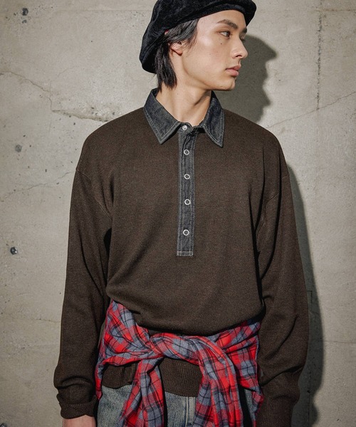 niko and...（ニコアンド）の「デニム襟ニットポロシャツ（ポロシャツ・メンズ・ネイビー/ライトグレー/ダークブラウン・LARGE/MEDIUM）」の21枚目の写真