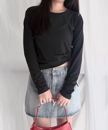 ドローストリング アシンメトリー ショート丈 シャーリングトップス