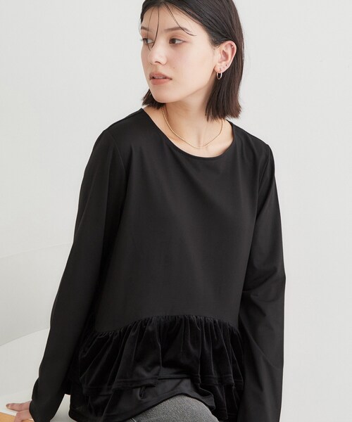 THE SHOP TK （ザ ショップ ティーケー ）の「フリルベロアペプラムトップス（Tシャツ/カットソー・レディース・ブラック/ダークブラウン/オフホワイト・12/13）」の2枚目の写真