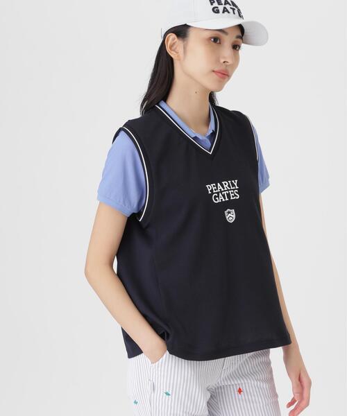 PEARLY GATES（パーリーゲイツ）の「メッシュアンドメッシュVネックベスト (WOMENS)（ベスト・レディース・ネイビー/ホワイト・LARGE/SMALL/MEDIUM）」の2枚目の写真