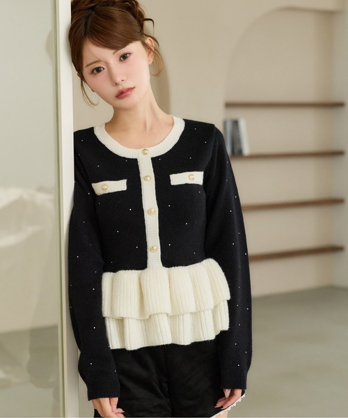 one after another NICE CLAUP(ワンアフターアナザーナイスクラップ)の「キラキラペプラムニット(ニット/セーター・レディース・ミント/ブラック/オフホワイト・FREE)」の3枚目の写真
