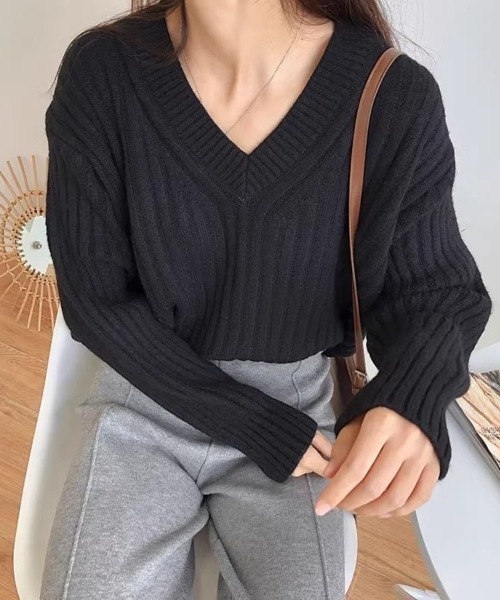 Beststore（ベストストア）の「【全5色】こなれ感たっぷり ルーズシルエット Vネック ワイドリブ ニット セーター 秋冬（ニット/セーター・レディース・ブラウン/ベージュ/ダークブルー/オフホワイト/ブラック・FREE）」の13枚目の写真